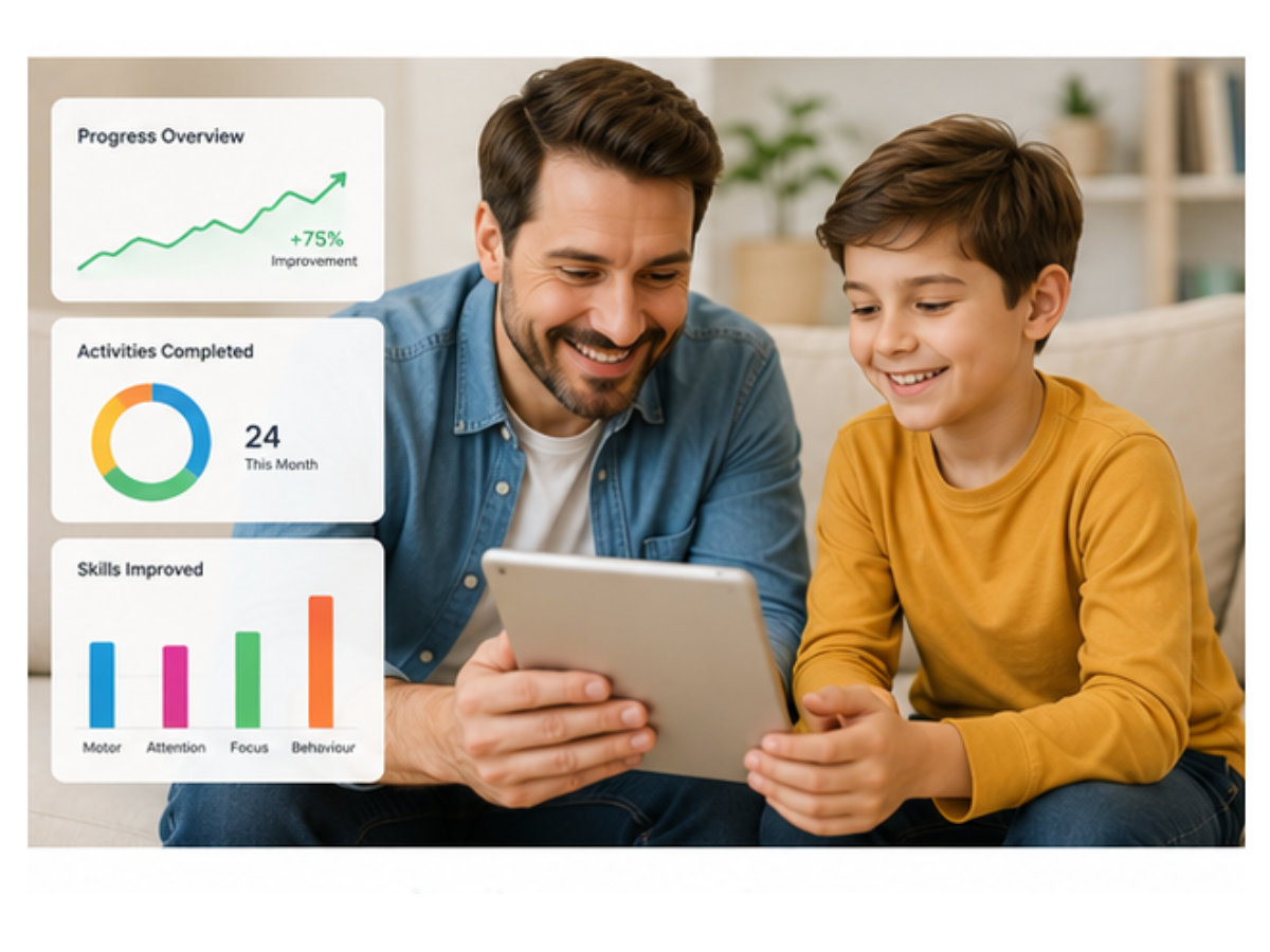 Parent and child reviewing progress on tablet
