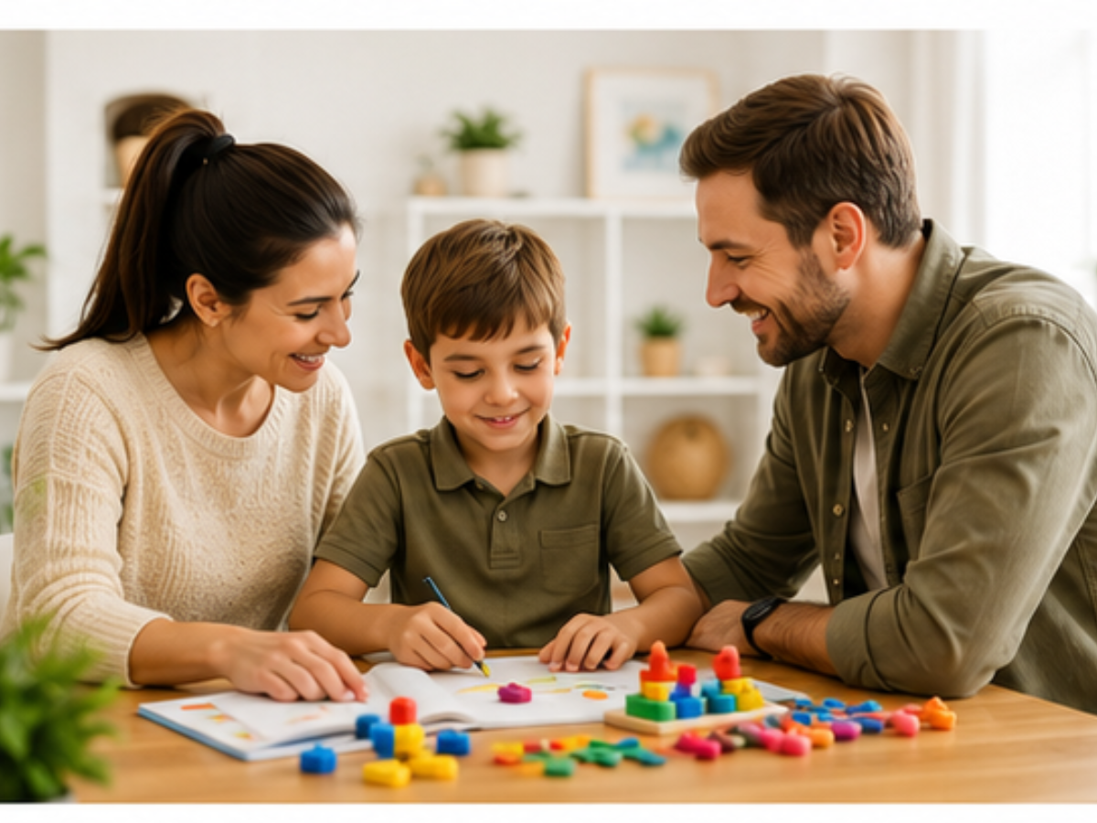 Parents supporting a child with home therapy activities
